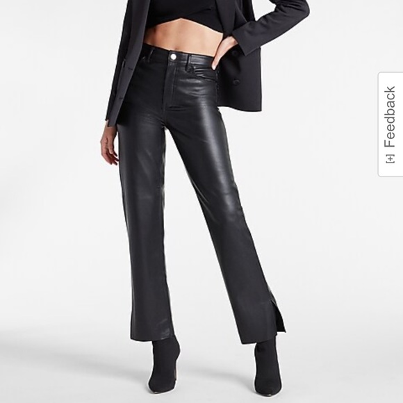 Super High Waisted Faux Leather Vented Hem Modern Straight Pant - Picture 2 of 9